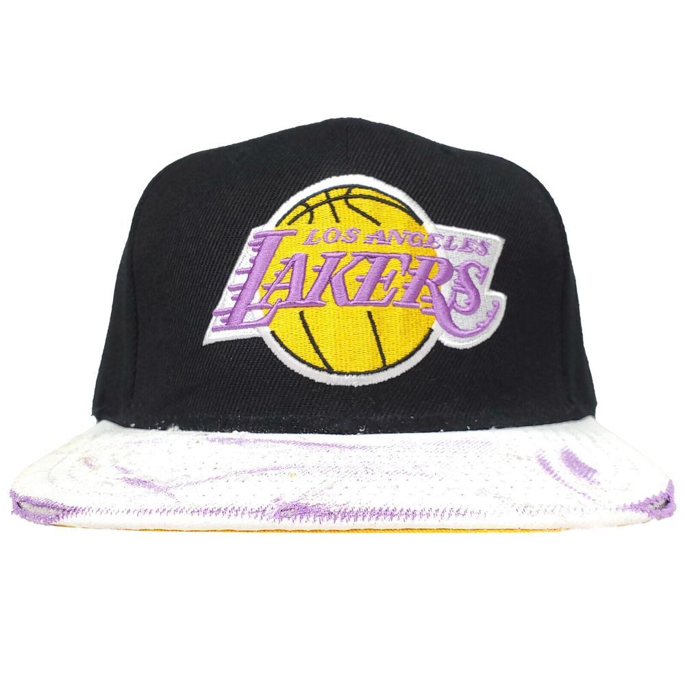 LA Lakers Mitchell & Ness NBA Snapback Hat Cap 3D Logo Grunge‎ Bill Black NWT